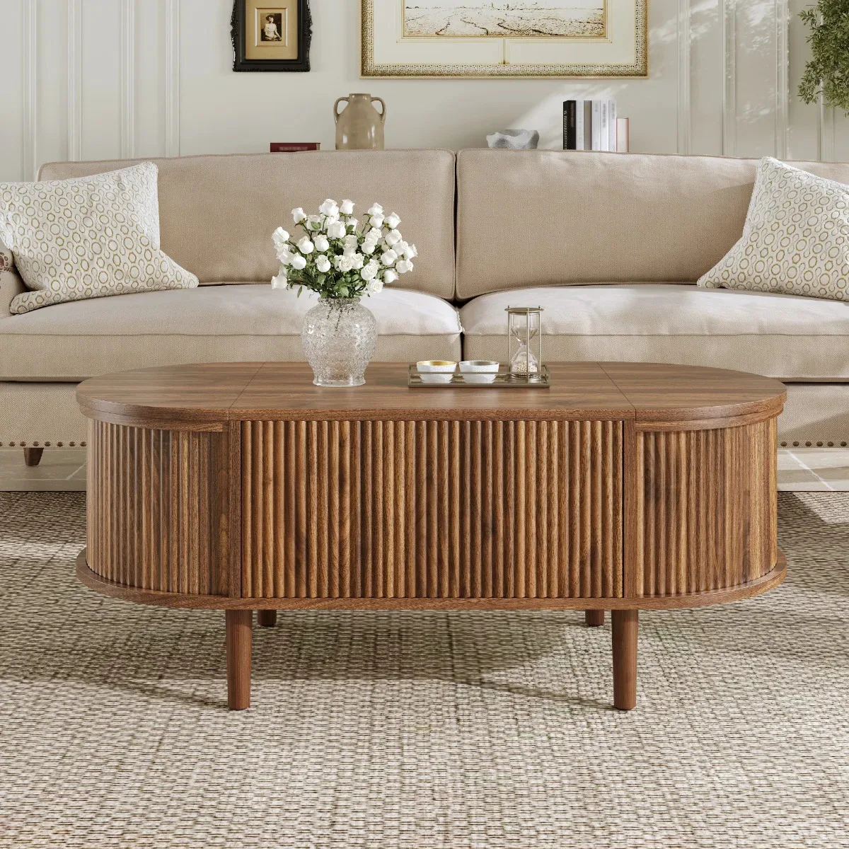 Ovaler, verstellbarer Vintage-Couchtisch mit Stauraum, Beinen aus Massivholz, multifunktionaler moderner Wohnzimmertisch