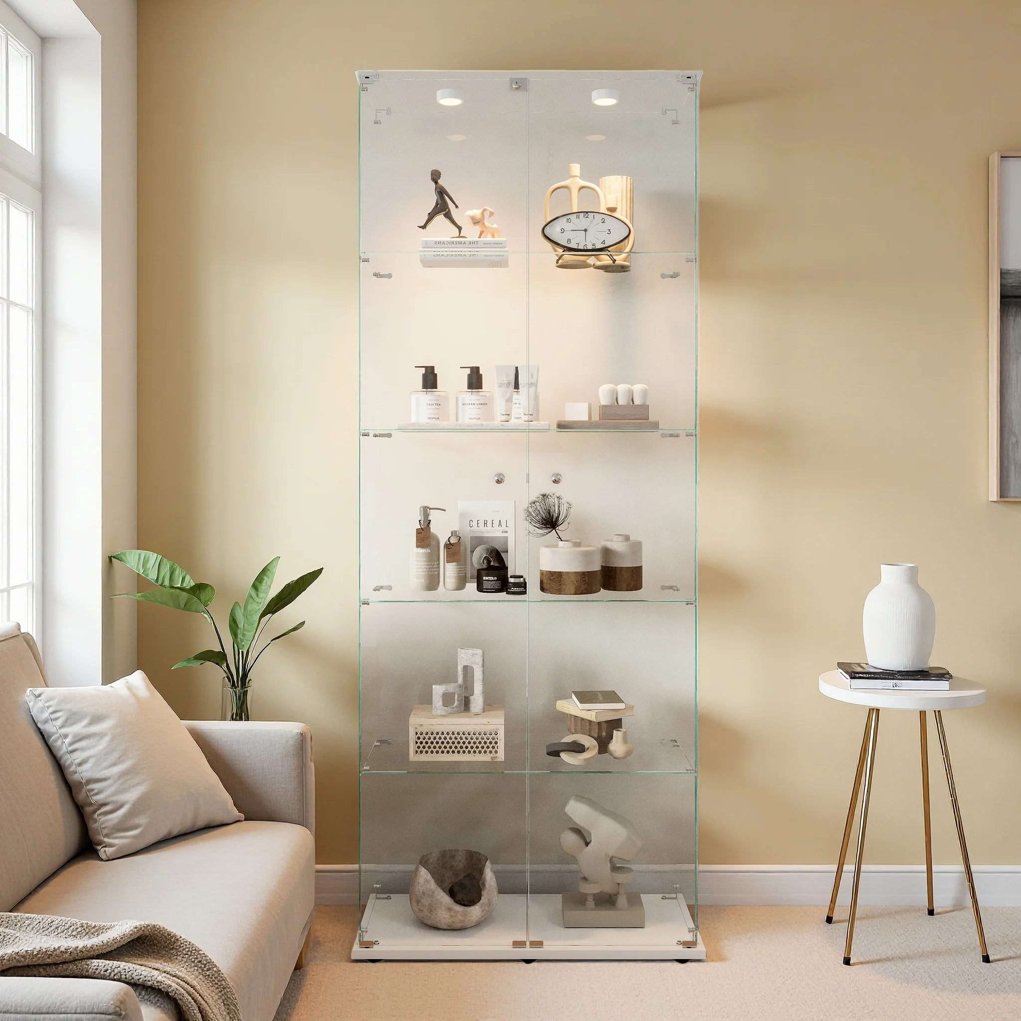 Lazyspace 5-stöckige Glasvitrine, Transparente Dekorative Regale, mit LED-Beleuchtung & 2 Türen, Vitrinenschrank für Wohnzimmer und Büro