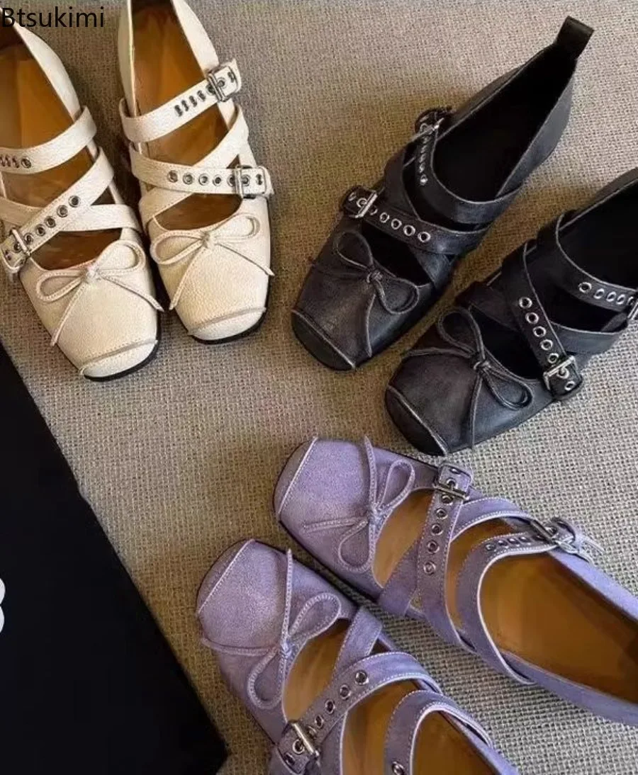 Schafsleder-Version 2026 Neue Retro Quadratische Spitze Niedriger Absatz Ballerinas Französischer Stil Schleife Mary Jane Slip-On Schnallen-Damenschuhe