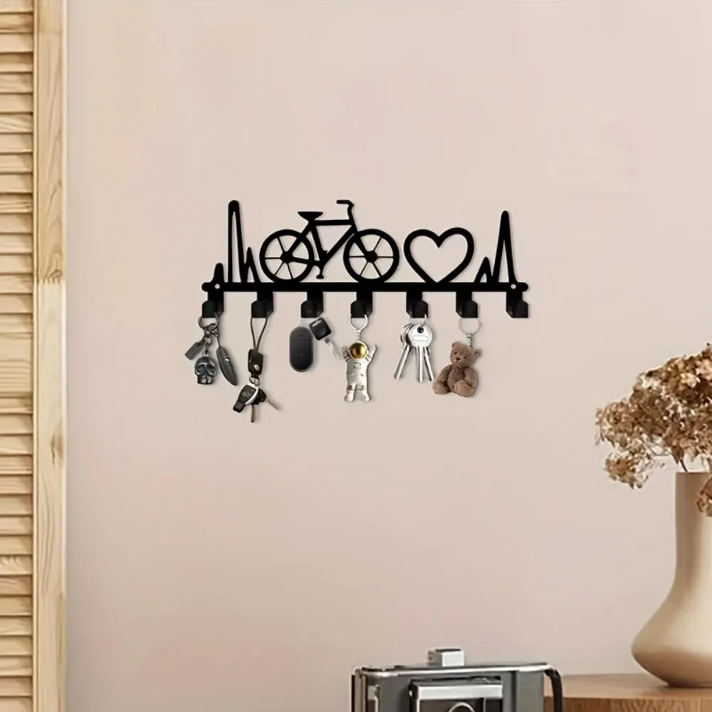 Metall-Wandhaken, 7-Haken-Organizer für den Eingangsbereich, Fahrrad-Herzschlag-Motiv für Schlüssel und Mäntel, Wohndekoration