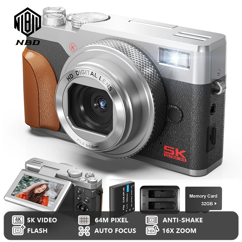 Appareil photo numérique NBD 56MP pour la photographie, caméra 4K 180 ° Appareil photo numérique à écran rotatif avec zoom 16x, appareil photo compact