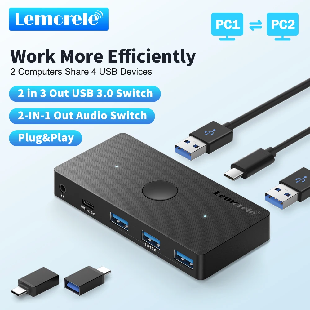 Lemorele 2 IN 5 OUT USB-Switch USB 3.0 Umschalter für Windows Laptop PC Tastatur Maus Drucker 2 PCs teilen sich 3 Geräte USB-Switch Image