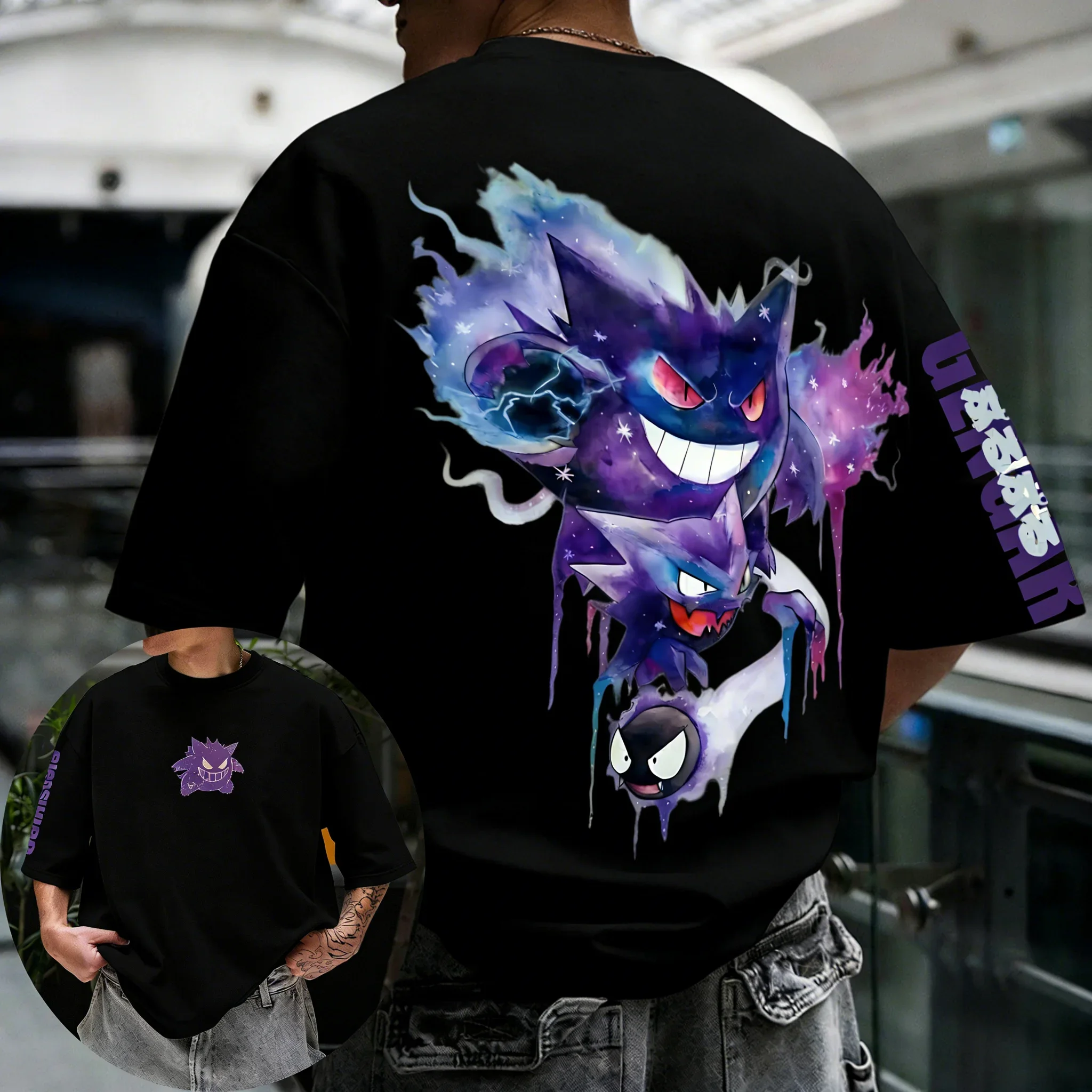 Pokemon Handheld Game Gengar bedrucktes T-Shirt, Sommer-T-Shirt für Herren und Damen, locker, lässig, Hip-Hop, vielseitig einsetzbar, kurzärmelig Image