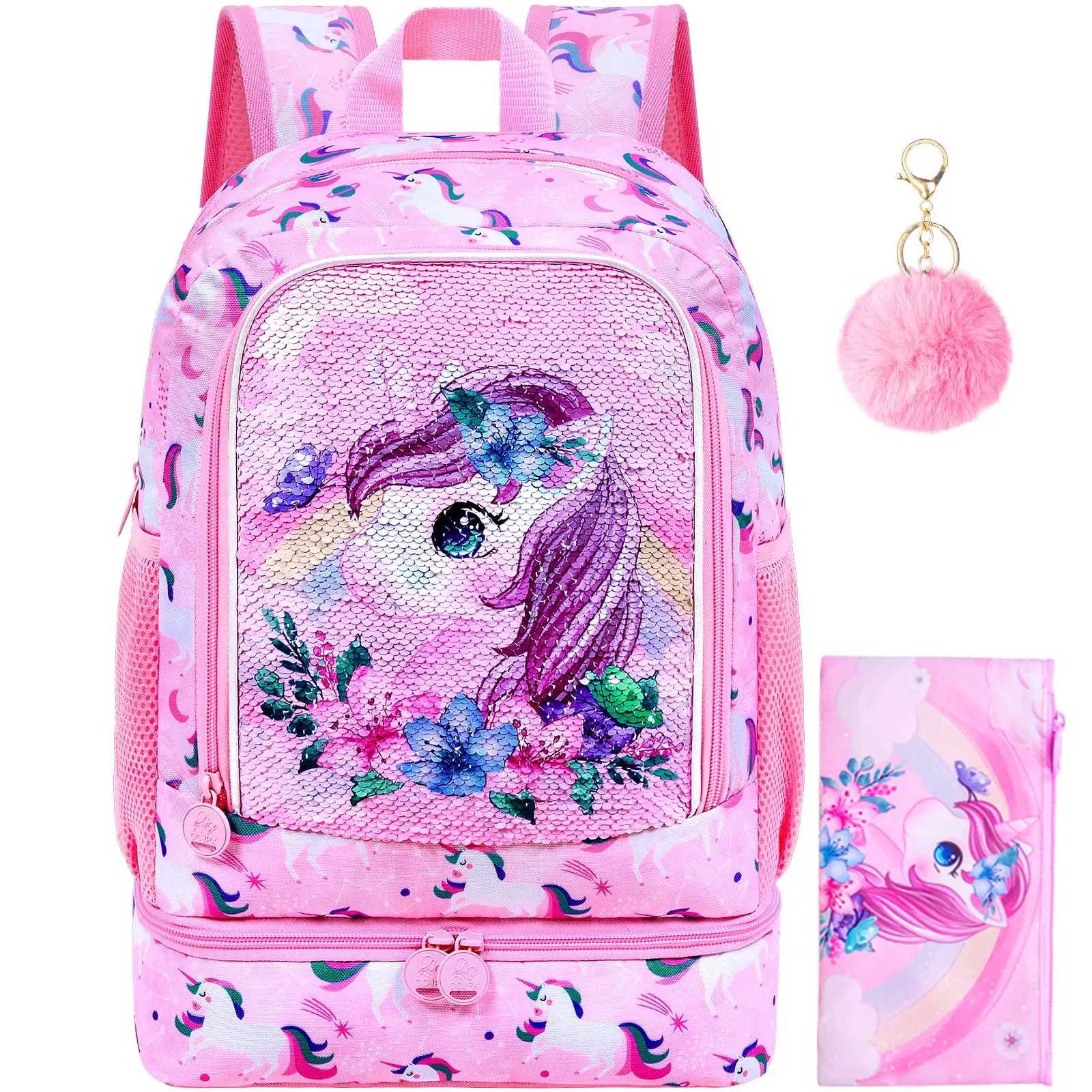 Sac à dos licorne pour filles, ensemble de sacs à dos à paillettes pour enfants avec compartiment inférieur pour le déjeuner, sac d'école pour l'école primaire, la maternelle et les tout-petits
