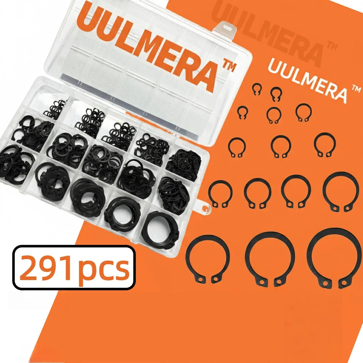 291-teiliges Set mit 15 Größen: M3-M25, schwarzer C-Clip aus legiertem Stahl, externer Sicherungsring, Sicherungsring für Wellenlager-Hardware Image