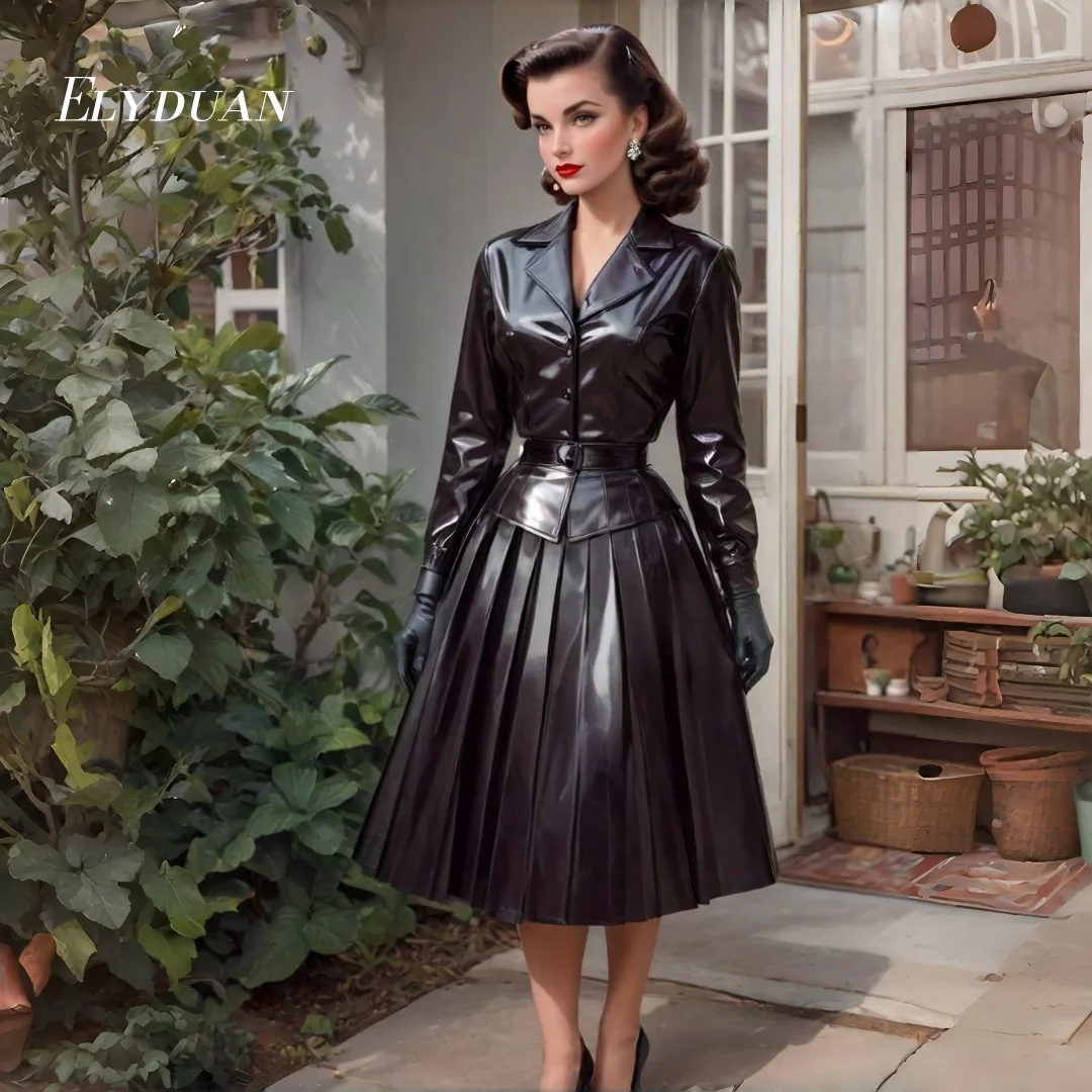 Damen Vintage 50er 60er Jahre Glänzendes Lackleder-Abendkleid Langarm Revers Midikleid Retro Rockabilly Abendkleid Maßanfertigung