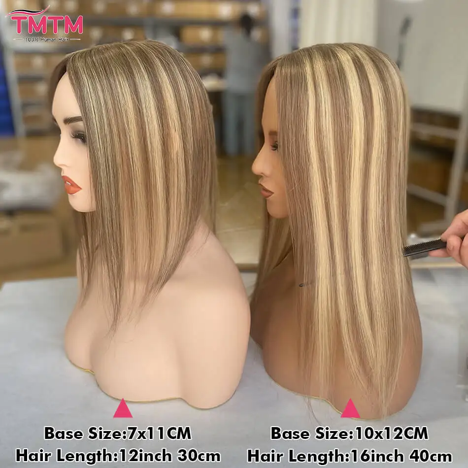 7x11cm 10x12cm Echthaar-Topper Schwarz Braun Blond Hautfarbener Kopfhaut-Clip-in-Topper Haarteile Glattes Echthaar-Topper für Frauen Image
