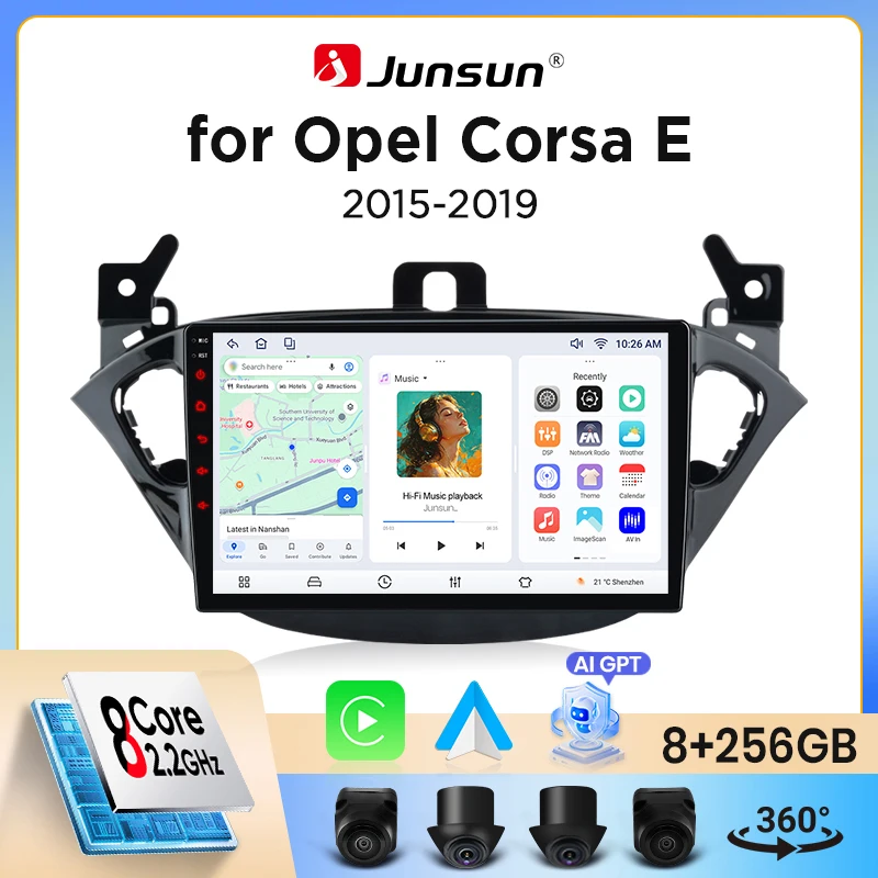Junsun Wireless CarPlay Android Auto Autoradio für Opel Corsa E 2014-2019 mit integriertem Lüfter, Android GPS-Navigation, Multimedia-Player, WiFi, DSP, RDS, BT, SWC, IPS-Touchscreen, Autoradio, Videoplayer, Head Unit, Stereo Image