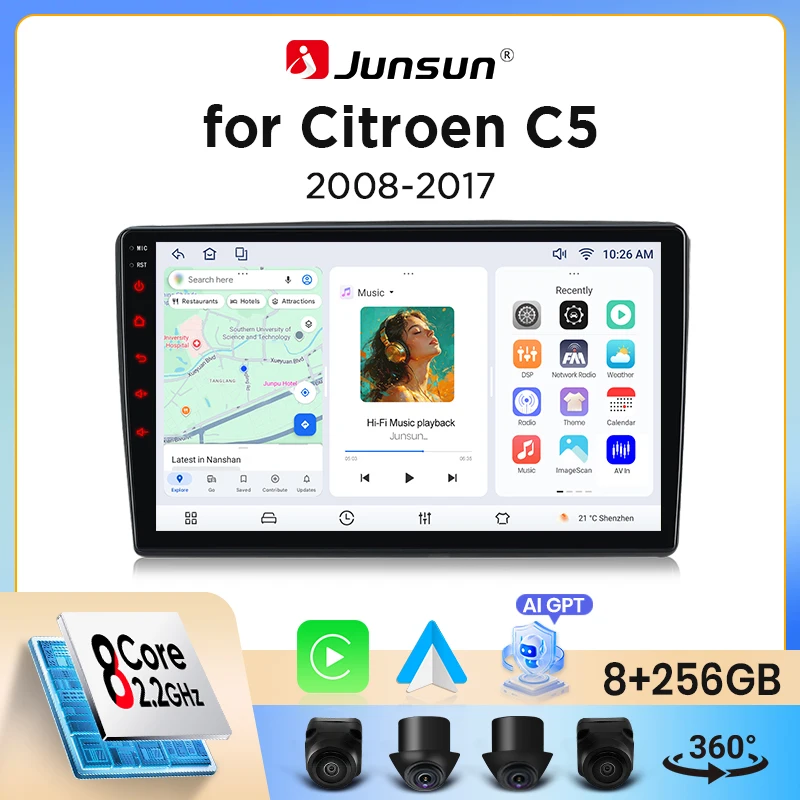 Junsun Wireless CarPlay Android Auto Autoradio für Citroen C5 Mk2 (RD/TD) 2008-2017 mit integriertem Lüfter, Android GPS-Navigation, Multimedia-Player, WiFi, DSP, RDS, BT, SWC, IPS-Touchscreen, Autoradio, Videoplayer, Head Unit, Stereo