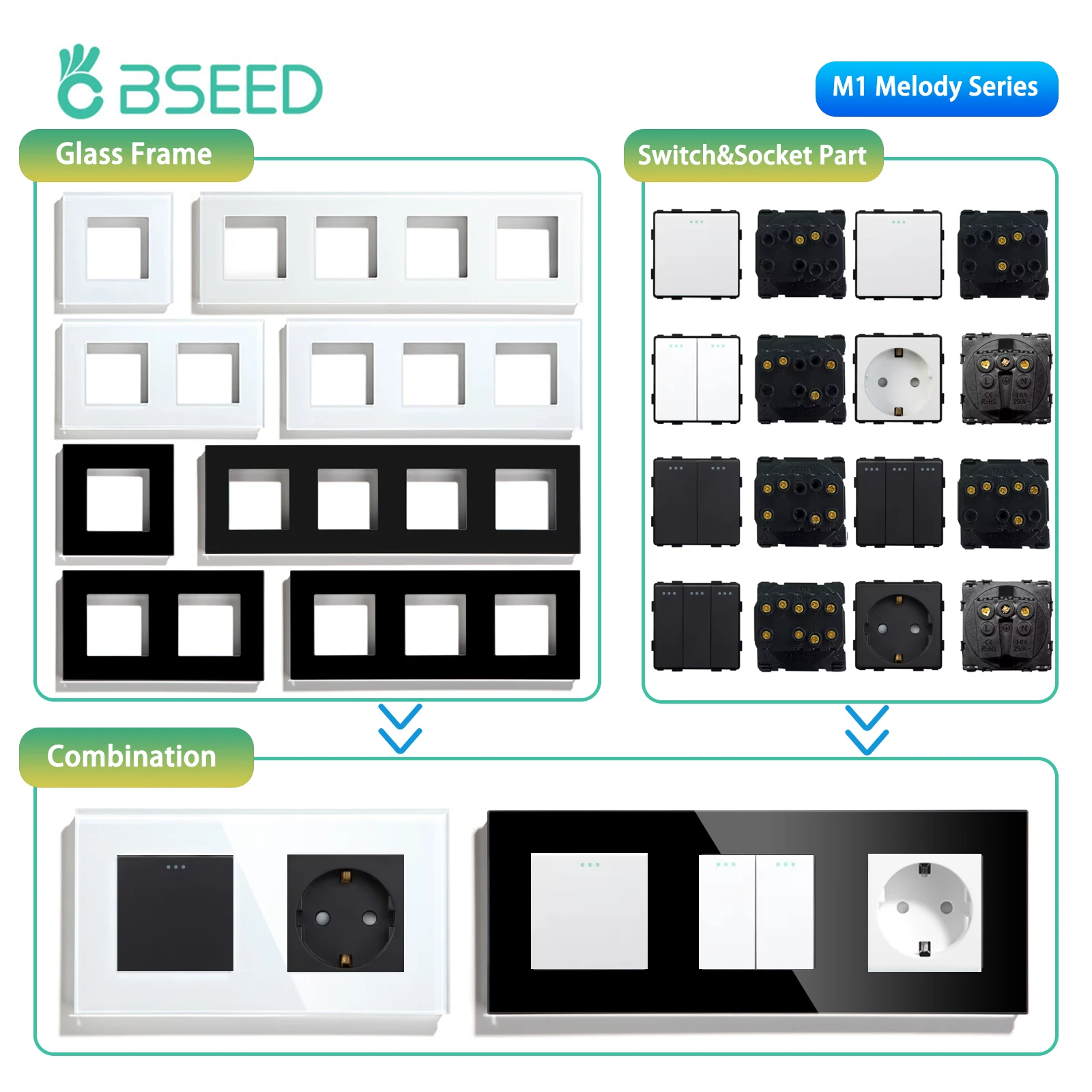 BSEED Mechanische Taste Schalter Modul Teil 1/2/3Gang 1/2Way Steckdose Funktion Teile Glas Rahmen weiß Schwarz DIY Kombination Image