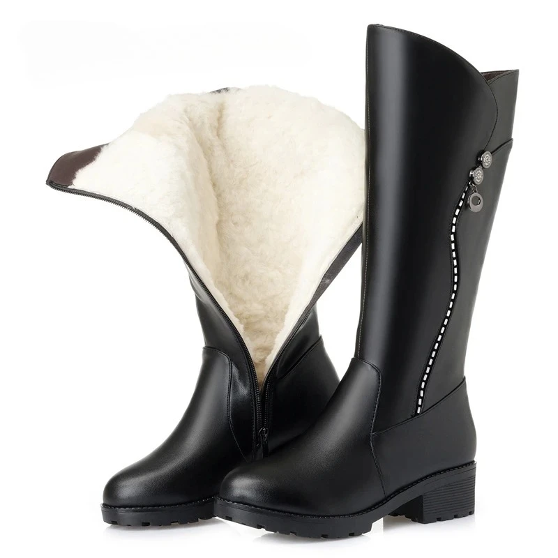 Frauen Echtes Leder Weibliche Damen Stiefel Plattform Schnee Wolle Plüsch Fell Warme Winter Mittlere Ferse Zipper Plus Größe 42 43