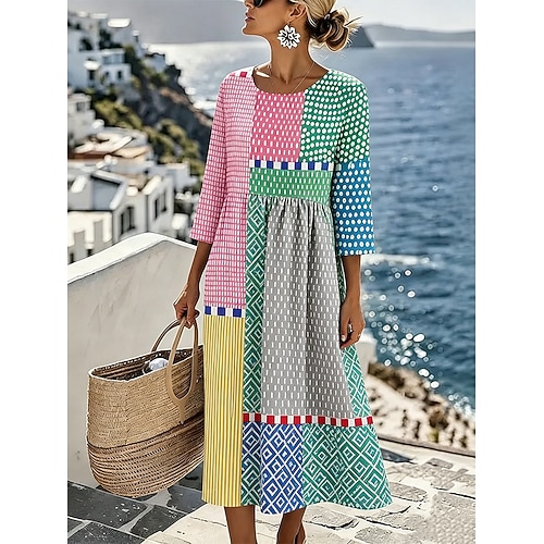 Damen Midikleid Shiftkleid Sommerkleid Urlaub Lässig Strand Ausgehen Lässiger Schnitt Grafik Geometrisch Dreiviertelarm Rundhalsausschnitt Purpur Orange Grün Sommer Frühling Herbst Image