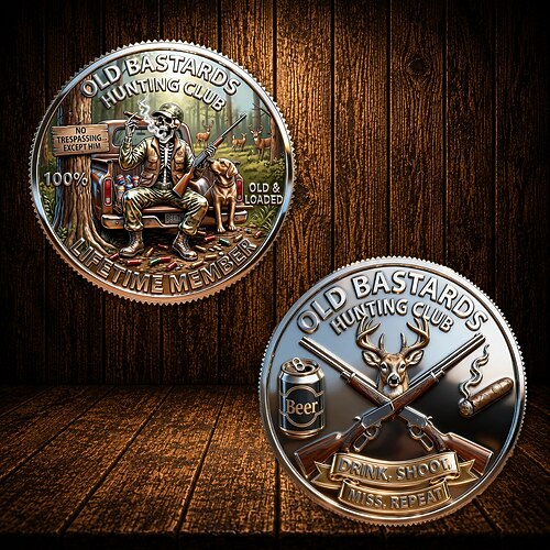 Sammlermünze des Jagdvereins „Old Bastards Legends of the Hunt" – Design für lebenslange Mitglieder mit Skelettjäger, Hund und Hirsch, Bier- und Schrotflintenemblem, originelles Souvenir für Outdoor-Jagdbegeisterte. Image