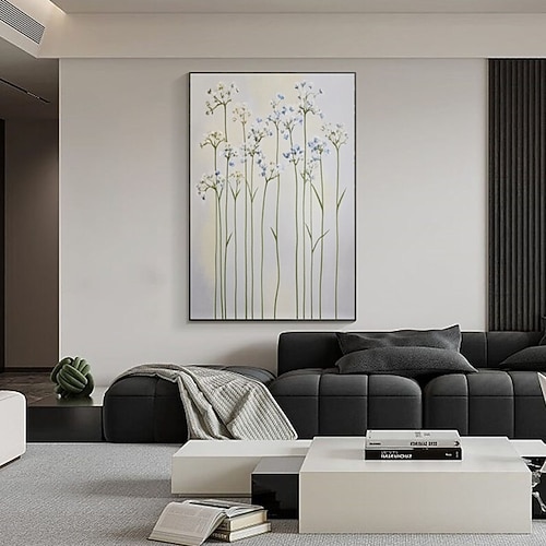 Handgemaltes Gemälde eines weiß-blauen Wildblumenstraußes, florale Wandkunst, Aquarellmalerei, Wanddekoration für das Wohnzimmer Image