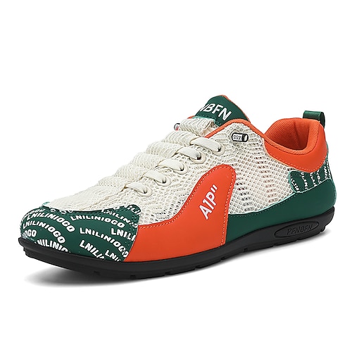 Weiße, grüne und orangefarbene Herren-Sneaker zum Schnüren – leichte, bequeme und trendige Low-Top-Schuhe für Alltag, Reisen, Wochenendausflüge und Streetstyle. Image