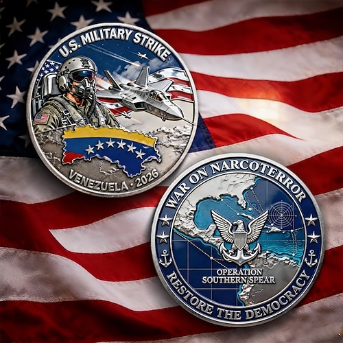 US-Militärschlag Venezuela 2026 – Gedenkmünze zur Operation Southern Spear im Kampf gegen Drogenhandel und Terror, patriotisches Geschenk für Veteranen und Sammler von Erinnerungsstücken der Image