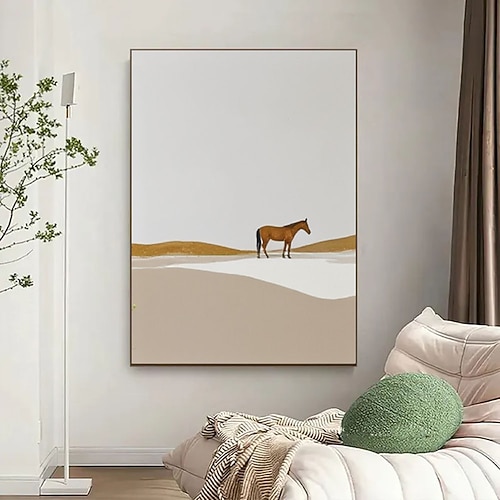 Handgemaltes Gemälde einer Wüstenlandschaft mit Pferd, abstrakte Kunst mit Blattgold, minimalistische Acrylmalerei, beigebraune Boho-Kunst, große Wohnzimmerwanddekoration Image