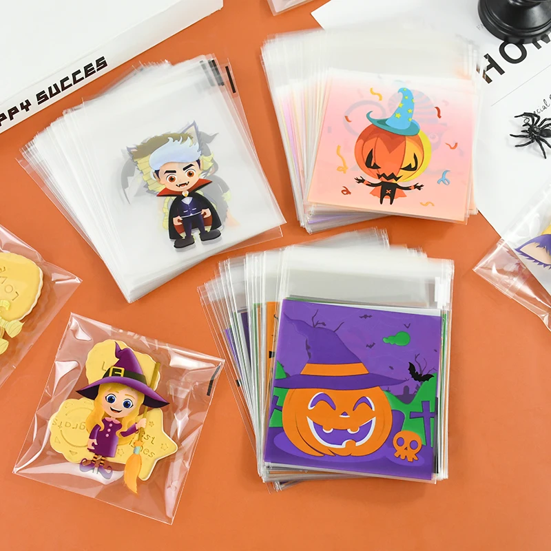 100 Stücke Halloween Süßigkeiten Taschen Selbstklebende Kekse Verpackung Kürbis Geist Plastiktüte DIY Halloween Party Dekoration Lieferungen Image