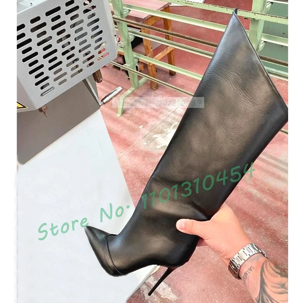 Abgeschrägte Leder kniehohe Stiefel Frauen elegante spitze Zehen schwarz Stiletto High Heels Stiefel Damen Winter große Größe feminine Schuhe