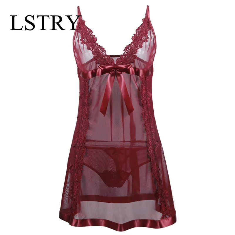 2025 Donne sexy Lingerie Lady Intimo Abito da notte in pizzo Lstry Vino rosso Abito sexy Indumenti da notte con perizoma Pigiama da notte