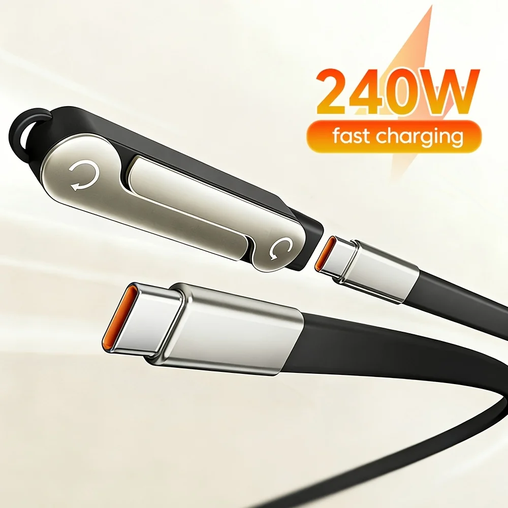 Cavo Dati Pieghevole 2-in-1 Nero/Arancione da 240W con Ricarica Rapida e Supporto per Telefono/Tablet, da Type-C a Type-C