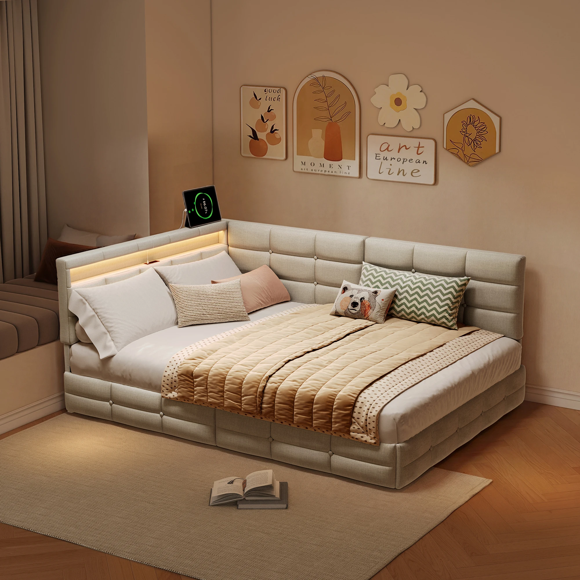 Gepolstertes Bett, Bett 140 x 200 cm, mit 2 Schubladen, Tagesbett, Stauraumbett, LED und USB-Ladefunktion, Schlafsofa, ohne Matratze, Len Image