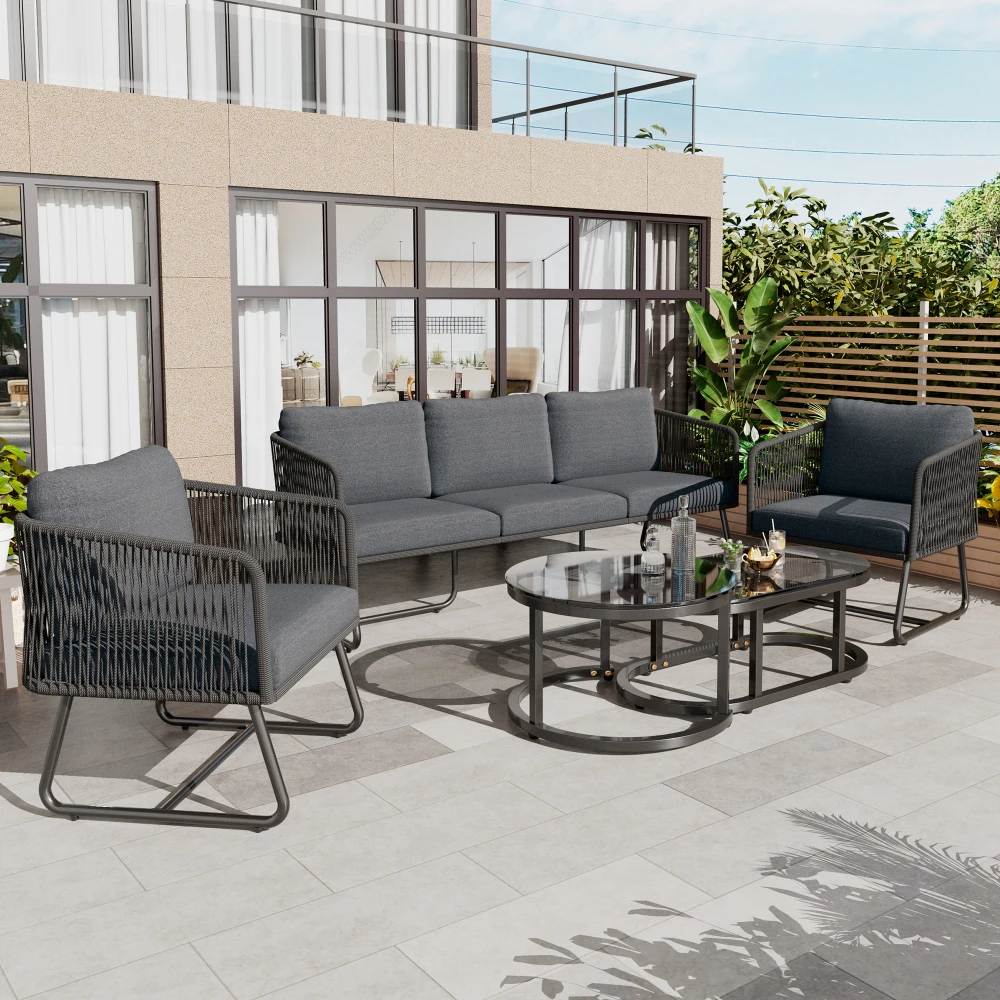 Garten-Lounge-Set mit Gestell aus Verzinktem Eisen, Seil, Verstellbaren Füßen, Tischplatte aus Glatter Glasoberfläche, 5-teilig