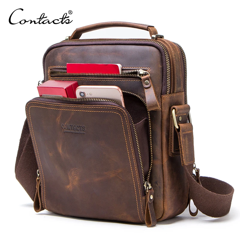 Borsa a Tracolla in Pelle Crazy Horse CONTACT'S per Uomo, Borse Messenger Vintage, Borse a Tracolla Maschili, Borsa a Mano, Borsa a Tracolla per Uso Quotidiano