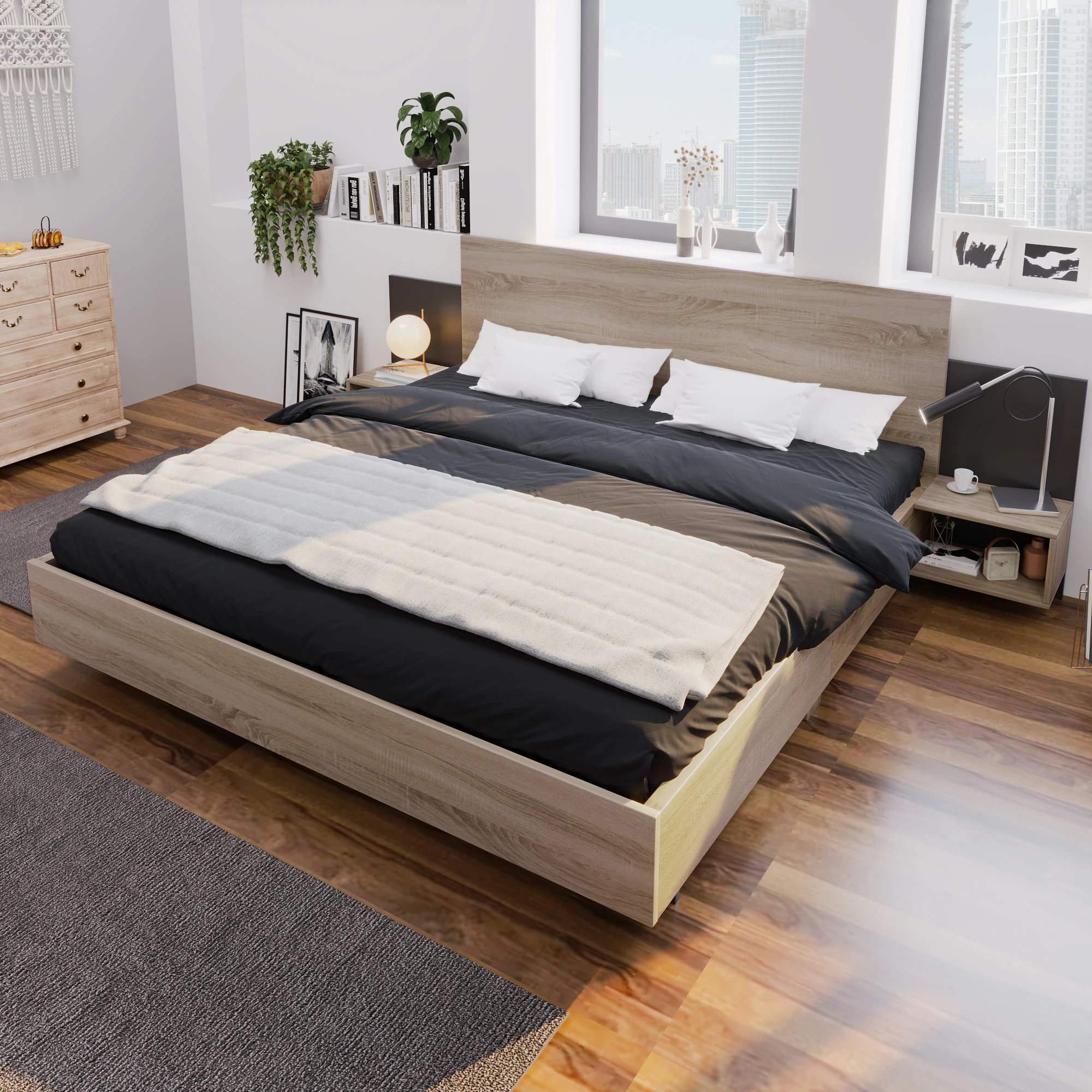 KOMHTOM 3-teiliges Holz-Schlafzimmer-Komplettset in Eiche Sonoma-Optik,160x200 cm Doppelbett, 2 passende Nachtkommoden