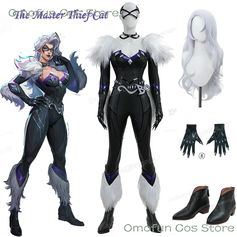 Schwarzes Hardy Cat Cosplay-Kostüm Mv Rivals Game Kleidung Damen Komplett Schwarzer Jumpsuit Halloween-Kleidung Karneval Perücke Schuhe