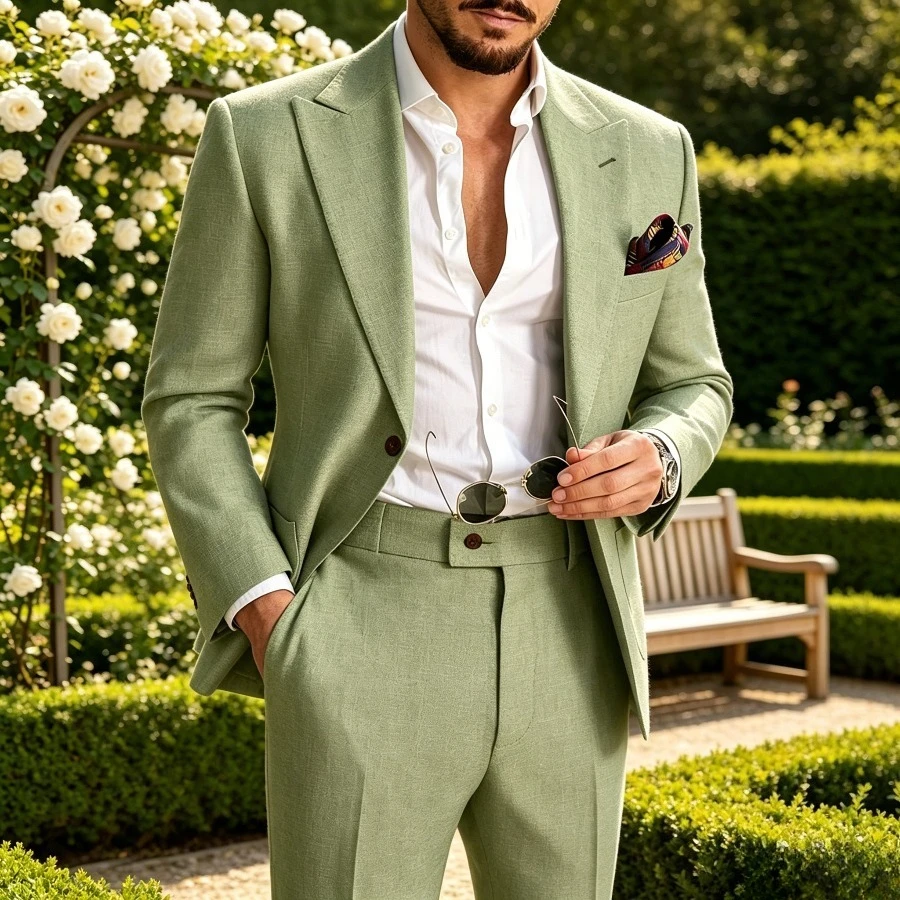 Completo da Uomo in Lino Verde Salvia 2 Pezzi, Leggero Estivo Casual per Matrimonio in Spiaggia, Abito da Sposo per Esterni, Moda Uomo 2026