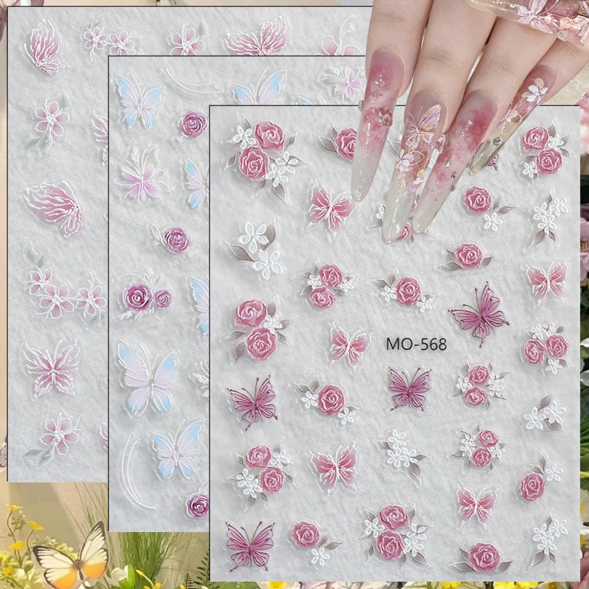 3 bis 12 Blatt 5D Rosa Rosen- und Schmetterlings-Nagelaufkleber Selbstklebende Nagelkunst-Sticker Geprägte DIY-Maniküre Image