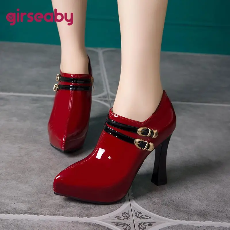 Girseaby 2025 Neue Glänzende Weibliche Pumpen Spitz Zipper Ultrahigh Heels 11 cm Gürtel Schnallen Plus Größe 48 49 50 Sexy Dating Schuhe