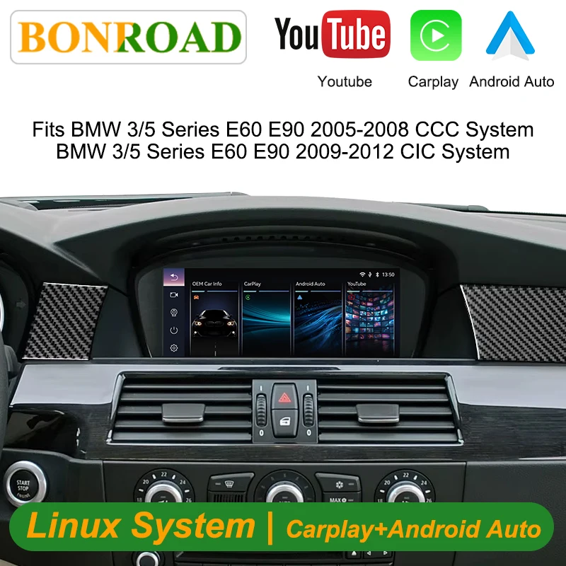 Bonroad Schermo Multimediale per Auto da 8.8 Pollici con Linux, Carplay e Android Auto per BMW Serie 5/3 E60 E61 E90 E91 E92 2005-2012, Sistema CCC CIC, Airplay, Autolink, Autoradio Multimediale