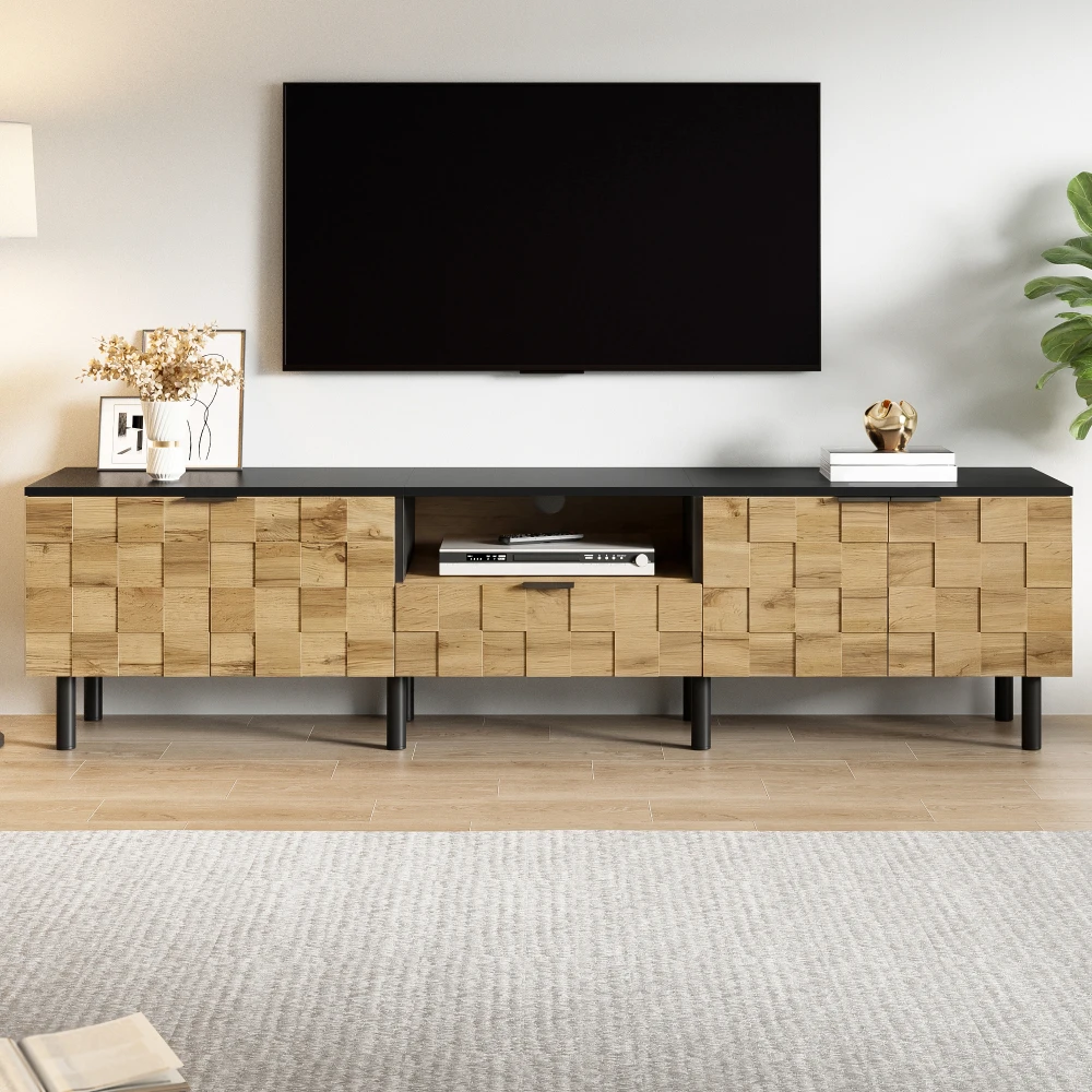 PINGGO Mosaik TV-Schrank TV-Lowboard Zweitürig Mit Schublade Wohnzimmer Medienkonsole Holzoptik Spanplatte Offenes Fach