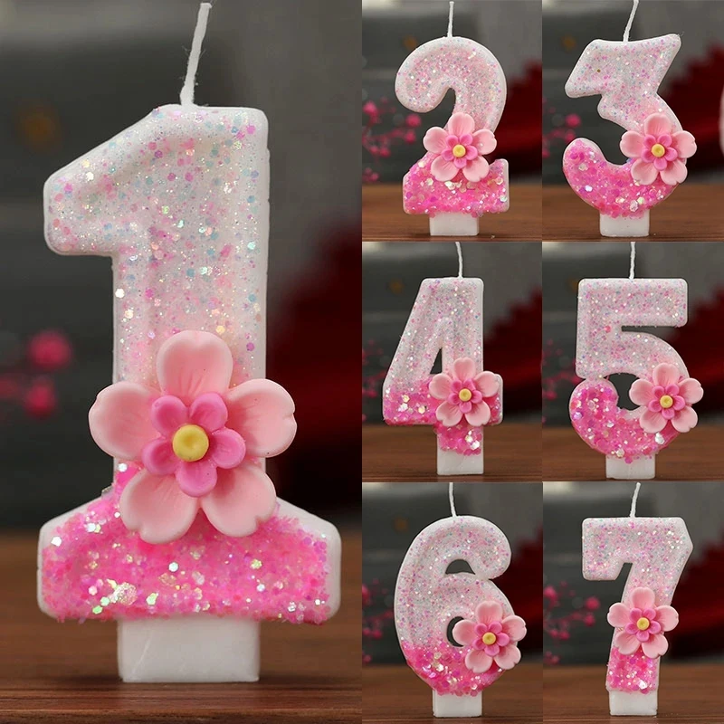 0-9 Rosa Glitzer-Nummernkerzen mit Farbverlauf und Blumen – Geburtstagstortendekorationen für Kinder und Partydekorationen Image