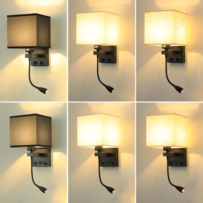 LED-Lampenschirm aus Stoff, E27, mit Schalter, Wandleuchte, USB-Ladeanschluss, verstellbarer Winkel, Strahler, Schlafzimmer, Nachttisch-Leseleuchte