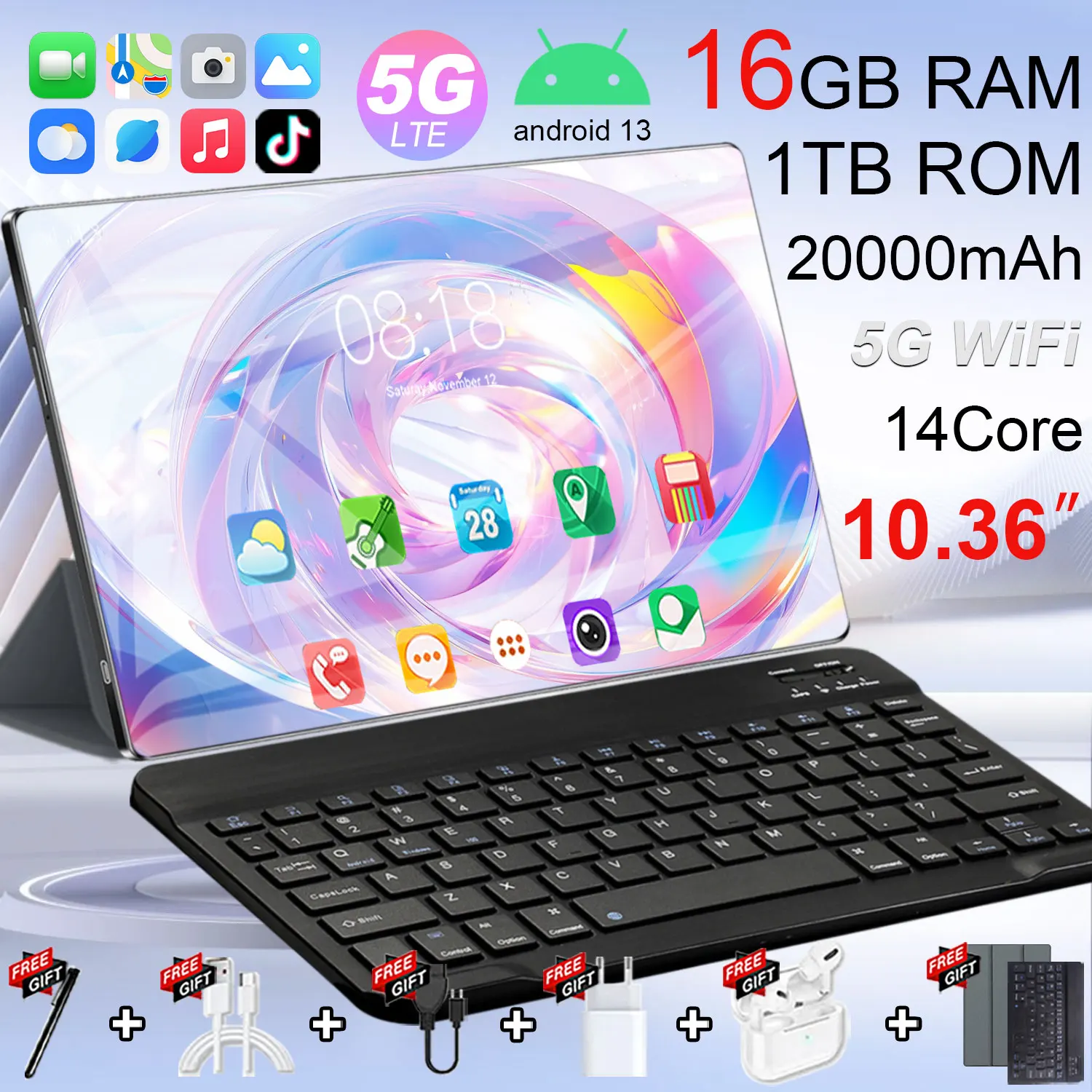 Tablet 5G Android 2026 con Google Play, Schermo 10.36 Pollici, 20000mAh, 16GB RAM, 1TB ROM, Dual SIM, Doppia Fotocamera, Android 13.0, Processore 14-Core