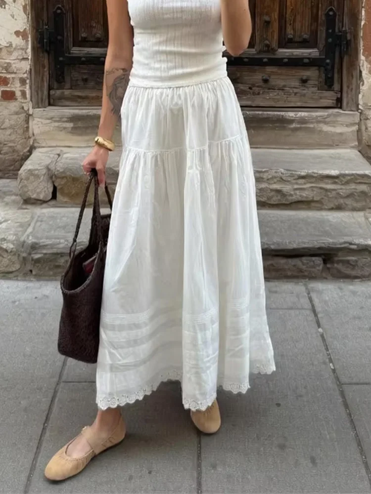 Gonna Lunga Bianca a Vita Alta in Pizzo, Plissettata, Casual, Basic, Estiva 2026, Tinta Unita, Ampia, Elegante, Maxi Gonna da Donna