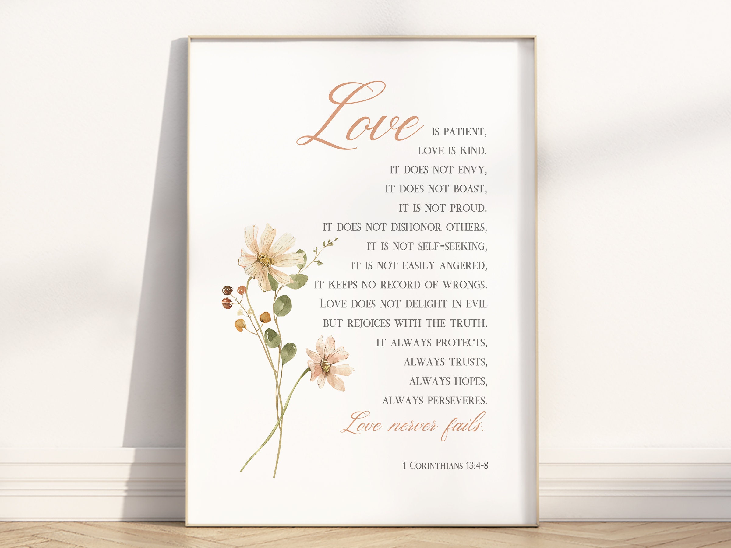 1 Corinzi 13 4 8 L'amore è paziente, l'amore è gentile, l'amore non viene mai meno Versetto della Bibbia stampabile, poster minimalista floreale crist