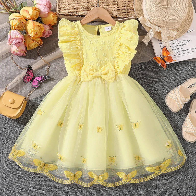 Kleid für Mädchen, gelb, O-Ausschnitt, Fliegenärmel, Tüll, Schleife, 8–12 Jahre, Sommer, elegant, süßer Stil, Prinzessinnenkleid, Kinderkleidung