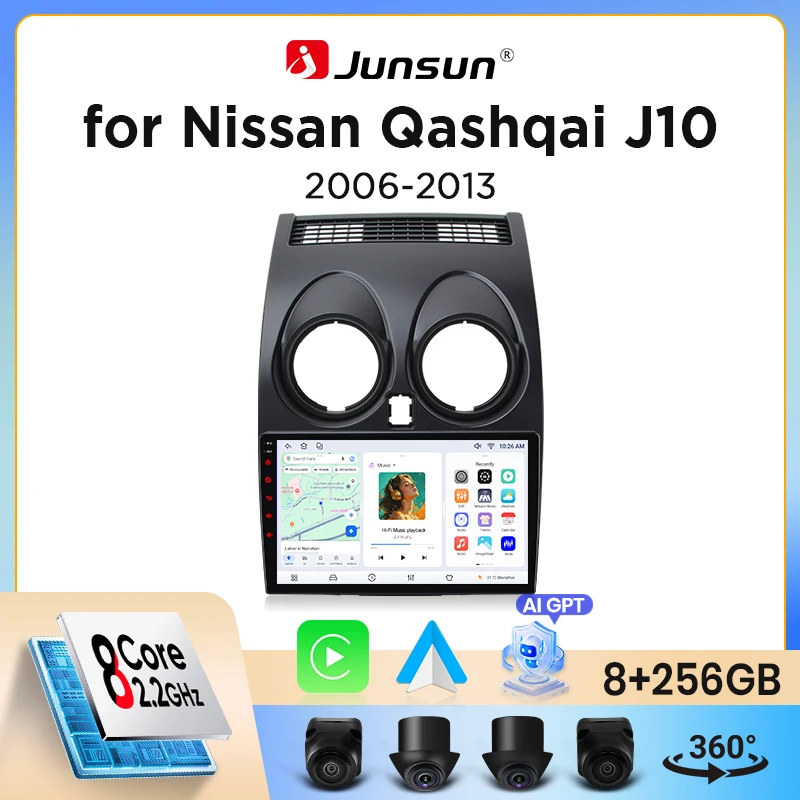 Junsun Wireless CarPlay Android Auto Autoradio für Nissan Qashqai (J10) 2006-2013 mit integriertem Lüfter, Android GPS-Navigation, Multimedia-Player, WiFi, DSP, RDS, BT, SWC, IPS-Touchscreen, Autoradio, Videoplayer, Head Unit, Stereo Image