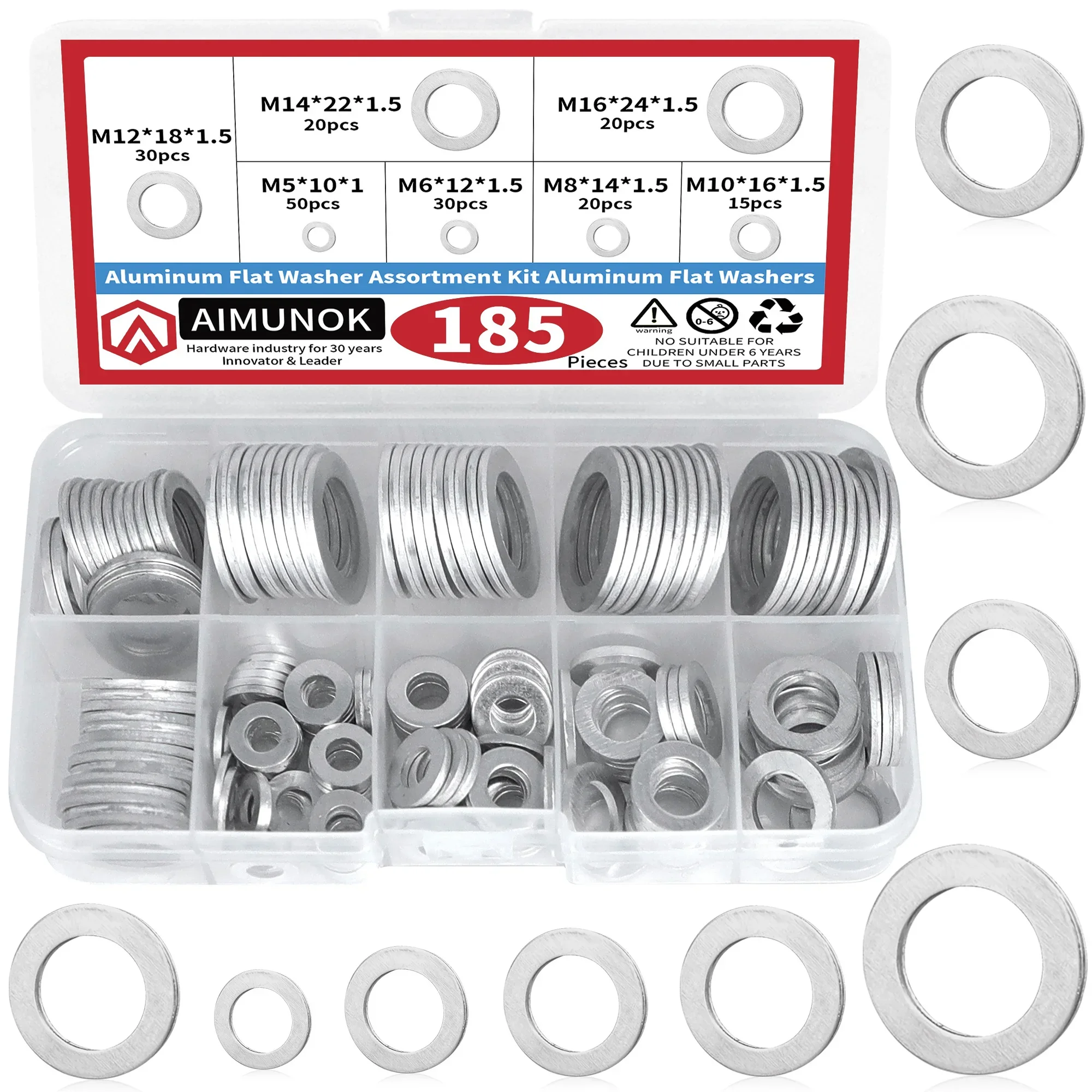 185-teiliges Aluminium-Unterlegscheiben-Sortiment Aluminium-Unterlegscheiben M5 M6 M8 M10 M12 M14 M16 Unterlegscheiben Flache Dichtungsringe