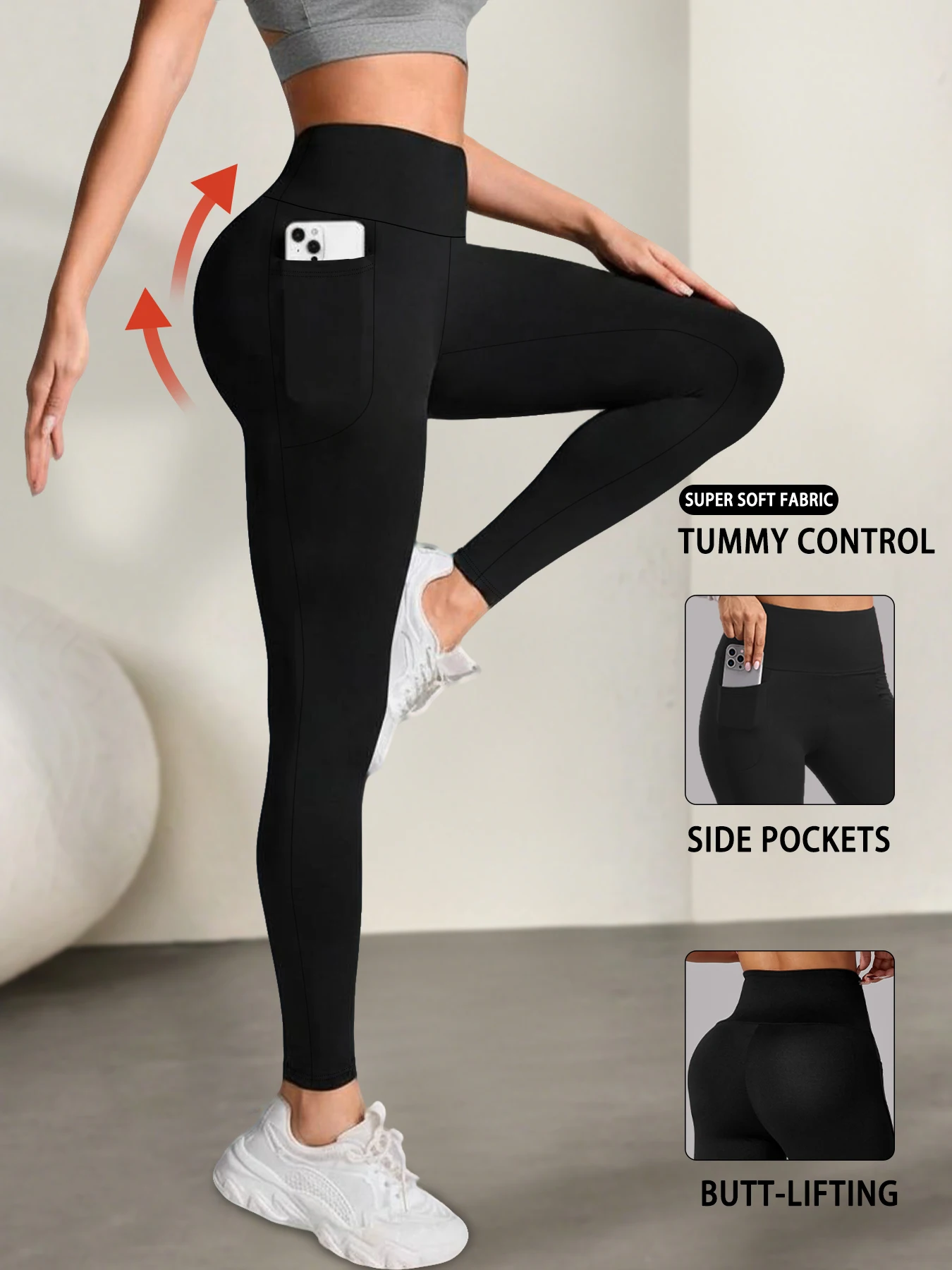 Superweiche Sport-Leggings für Damen mit Taschen, hohe Taille, Bauchkontrolle, Workout, Yoga, Laufen Image