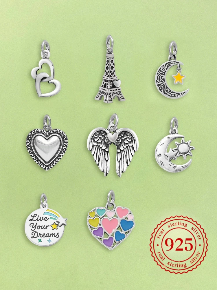 Verstellbare 925 Sterling Silber Vintage Anhänger Liebesherz Turm Charms Perlen Passend für Original Armband Armreif Halskette DIY Schmuck