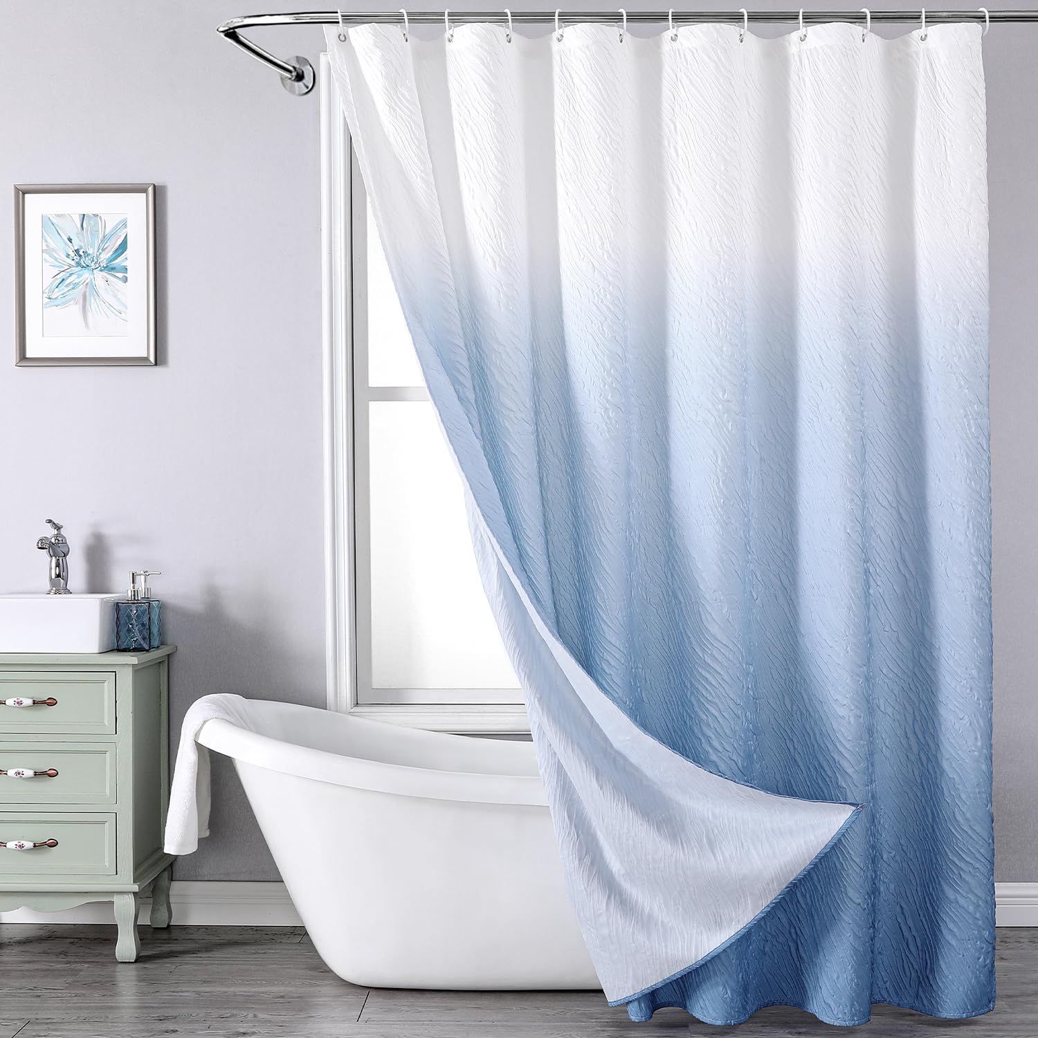 Tenda Da Doccia Blu Per Bagno Con 12 Ganci, Tenda Da Doccia Moderna, Tenda Da Doccia Testurizzata Effetto Sfumato Lavabile In Lavatrice, 72 X 72 Pollici