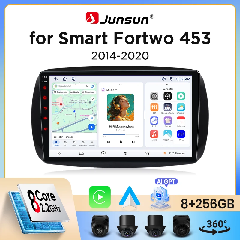 Autoradio Junsun Wireless CarPlay Android Auto per Smart Fortwo (C453) / Forfour (W453) 2014-2021 con ventola di raffreddamento integrata, navigatore GPS Android, lettore multimediale, WiFi, DSP, RDS,