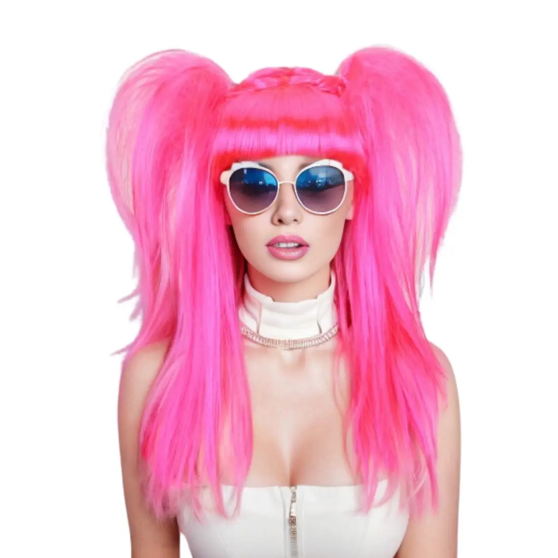 Rose Red Double Pferdeschwanz Lange Gerade Synthetische Perücke für Frauen Cosplay Kostüm Party Geschenke Image