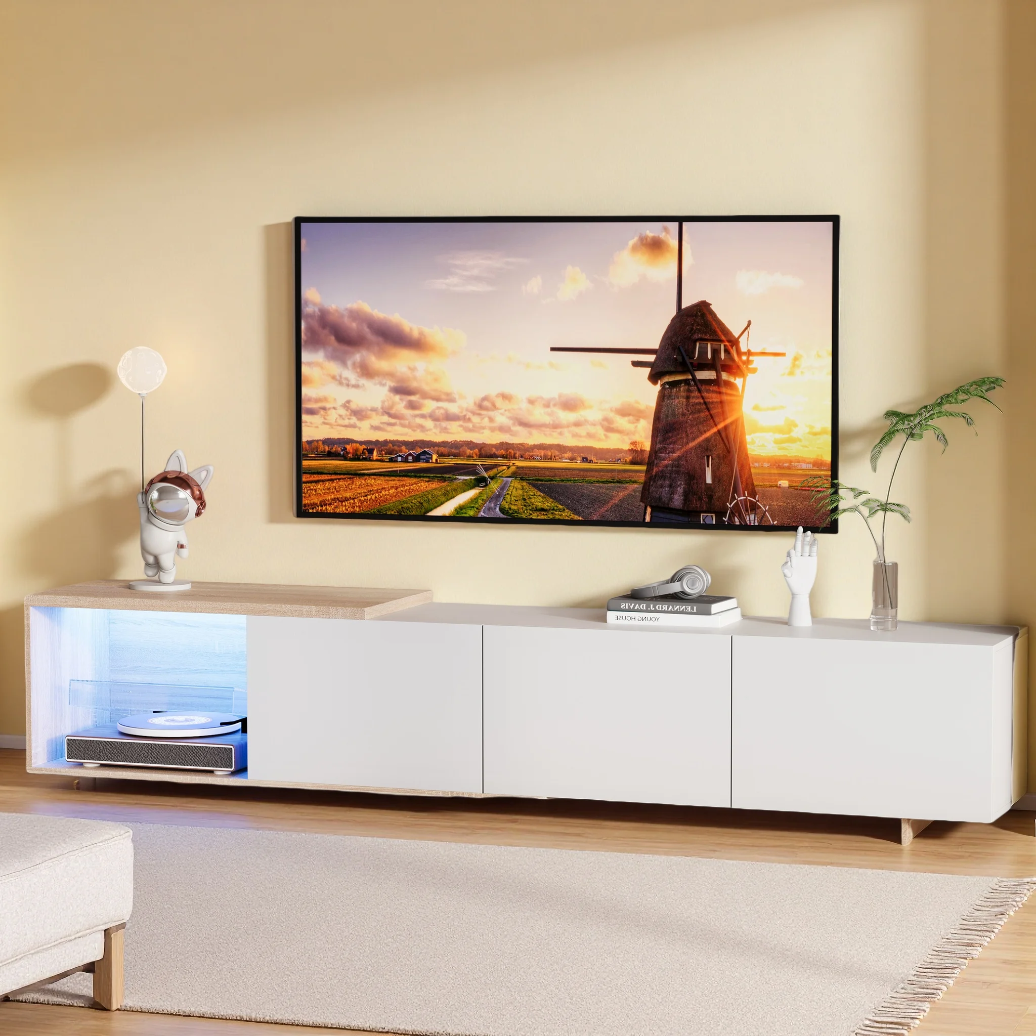 Rosahqnda TV-Schrank mit LED-Beleuchtung, Hochglanz-Optik, LED-Beleuchtung, 3 Schubladen, TV-Schrank mit Stauraum, Lowboard-TV-Möbel