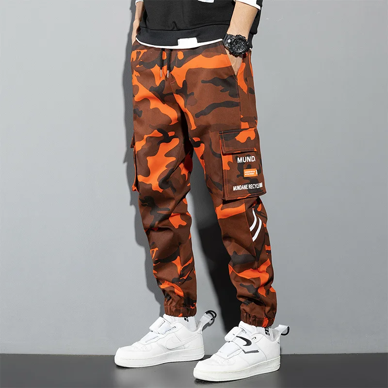 Orange Cargo Hosen Männer Hip Hop Jogger Y2K Streetwear Casual Hosen Grün Plus Größe Camo Baumwolle Camouflage Koreanische Mode Chinos